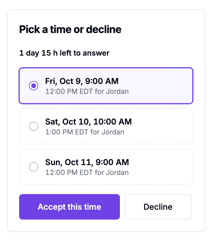 A request on the coach's page: three proposed times for a SQL mock interview, with Accept this time and Decline.