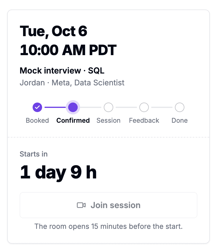 A confirmed session for Tuesday at 10:00 AM. The room opens 15 minutes before the start.