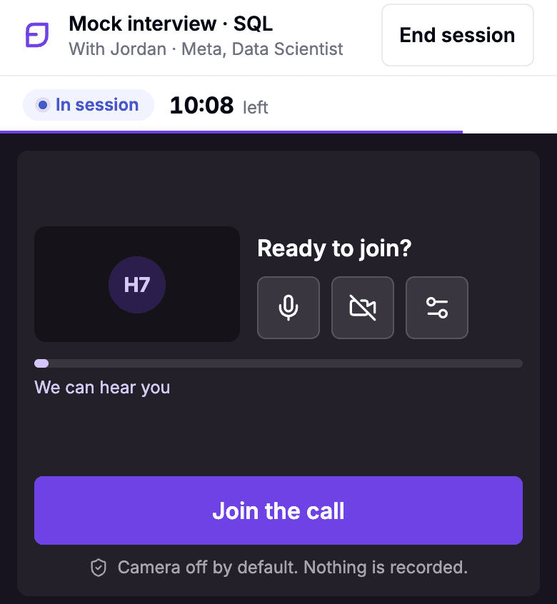 The session room before joining: a microphone check, camera off by default and a Join the call button.
