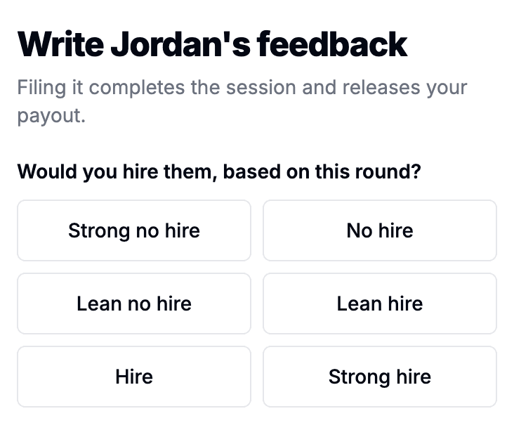 The feedback form opens with a verdict, from Strong no hire to Strong hire.