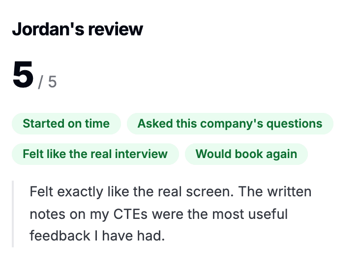 The candidate's review: 5 out of 5, with a short written note.