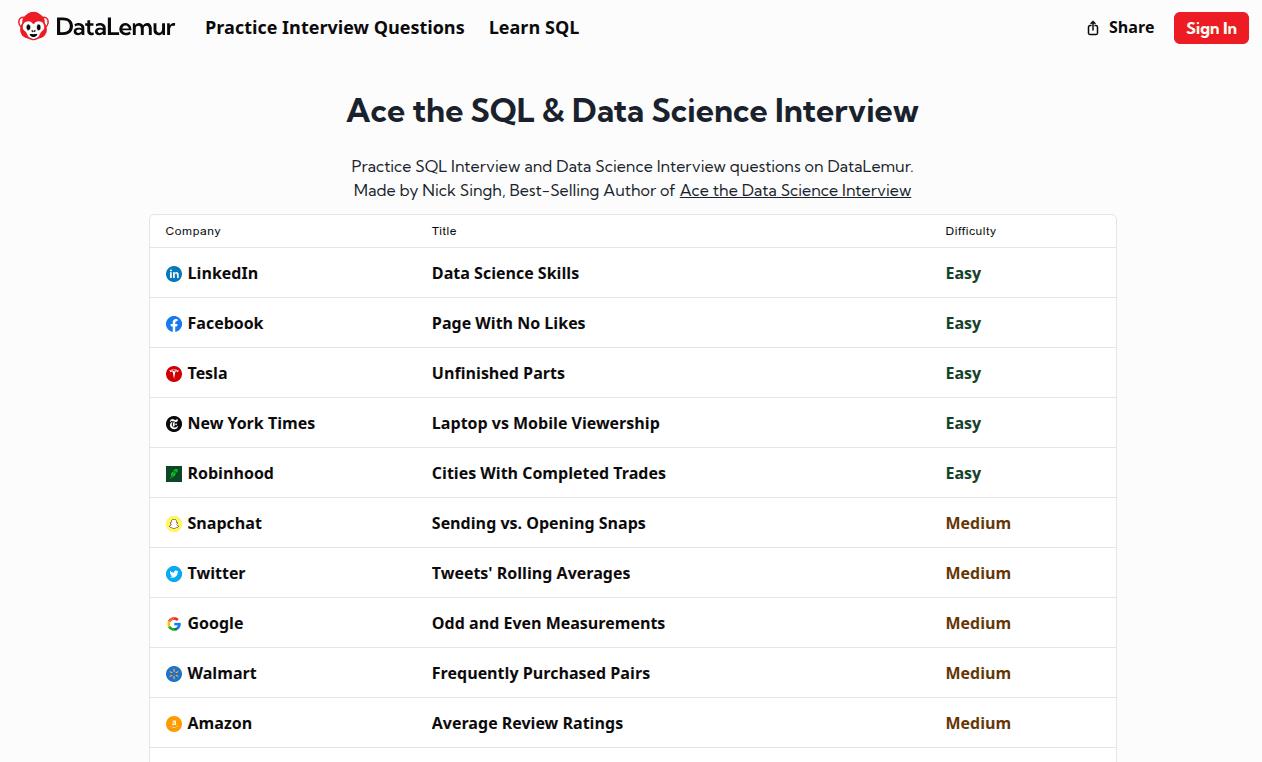 DataLemur homepage